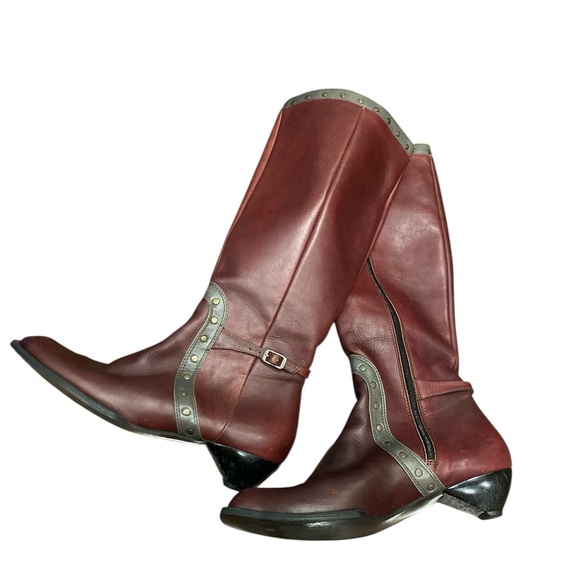 John Fluevog / maroon red  leather studded tall freedom boots 10 - Picture 1 of 8